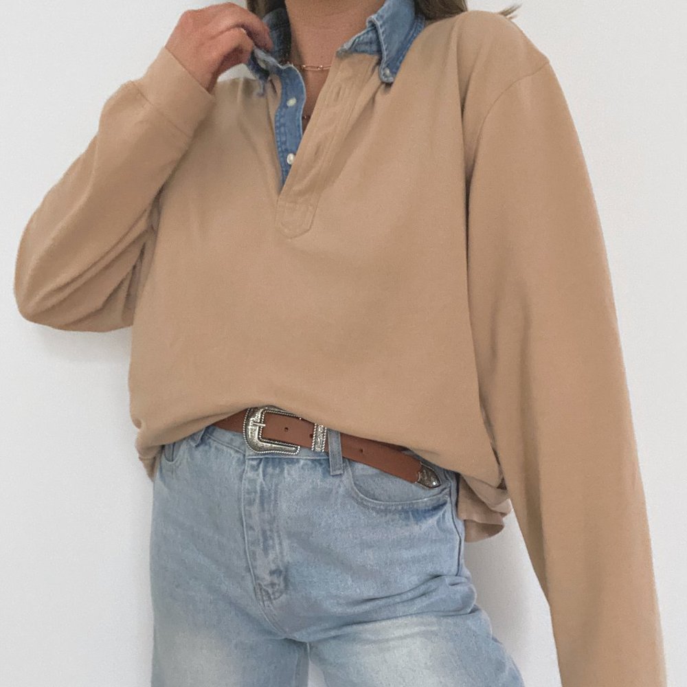 90s Oversized Tan Long Sleeve Polo Shirt with Denim Collar - Picture 6 of 8
